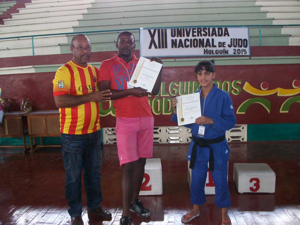 Jornada final de competiciones de la XIII Universiada de Judo. Cuadro de Honor: atletas que propinaron el ippón más espectacular en ambas categorías. Ateneo Deportivo "Fernando de Dios Buñuel", 21 de noviembre de 2015. UHO FOTO/Luis Ernesto Ruiz Martínez.