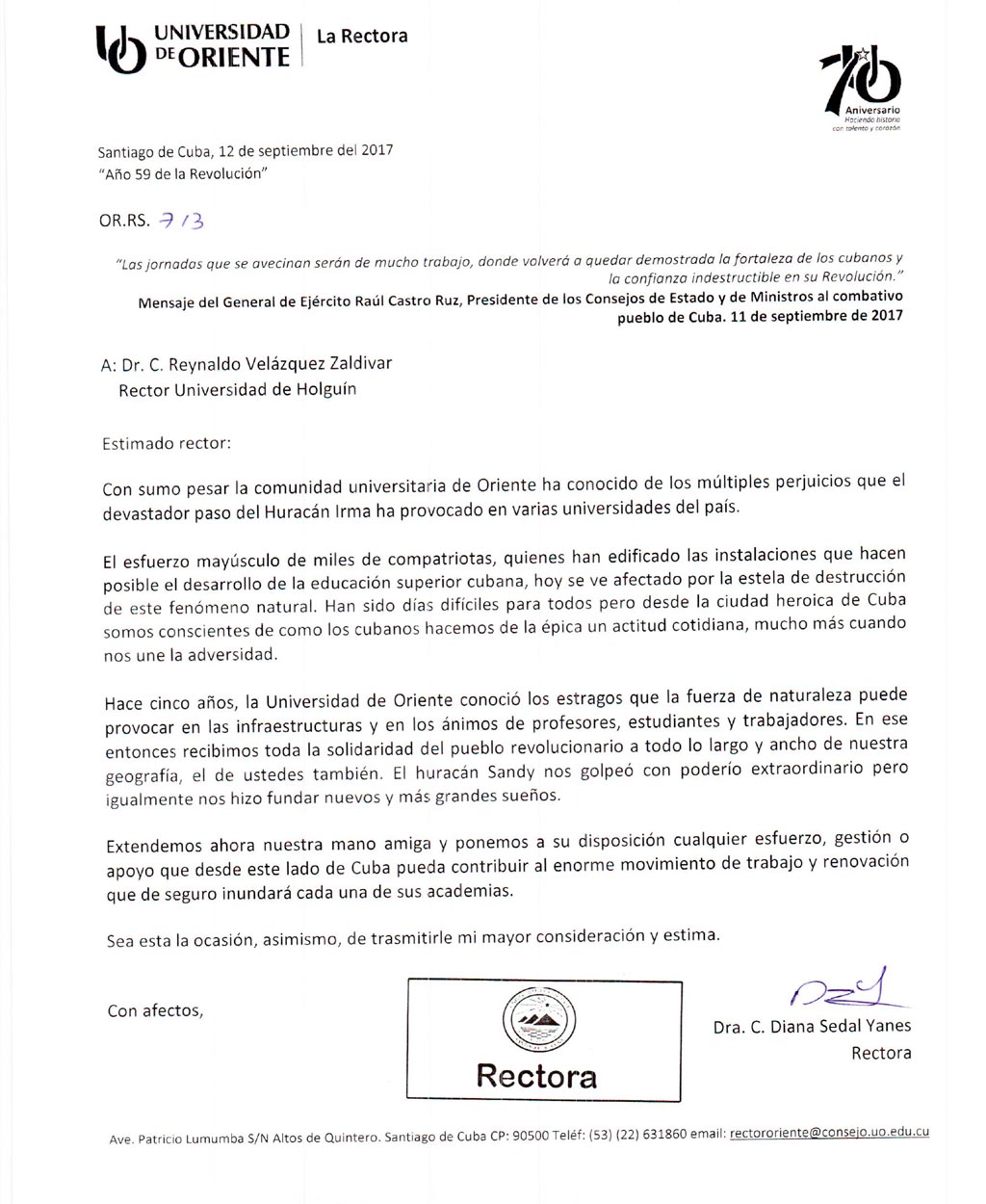 Copia digital de la Carta Original firmada por la Rectora de la Universidad de Oriente.