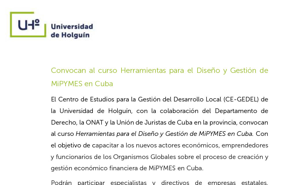 Convocan al curso Herramientas para el Diseño y Gestión de MiPYMES en Cuba