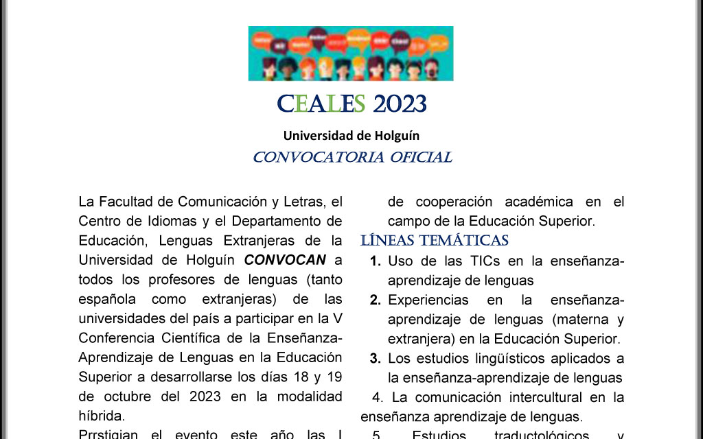 Convocan a V Conferencia de Enseñanza y Aprendizaje de Lenguas en la Educación Superior (CEALES)